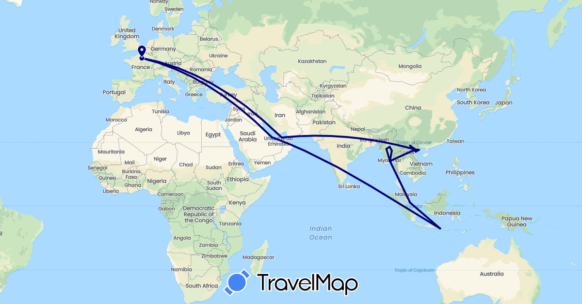 TravelMap itinerary: driving in United Arab Emirates, France, Indonesia, Myanmar (Burma), Qatar, Singapore, Vietnam (Asia, Europe)
